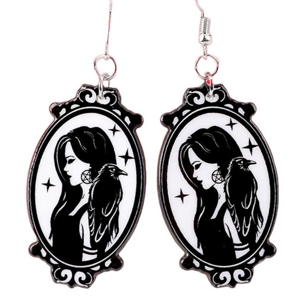 New White Black Raven Woman Circle Drop Earrings Victorian Witch Crow Nature
